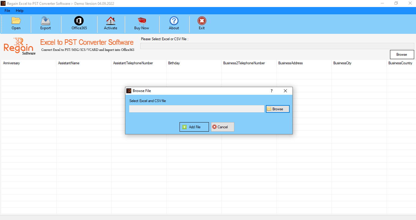 screenshot of Regain Excel to vCard Converter